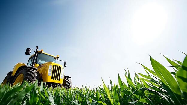 Yellow tractor working in a green cornfield